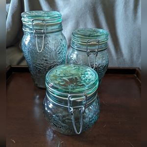 VTG. Libby Glass Embossed Flip Top Canisters with Ring Canada Set of 3